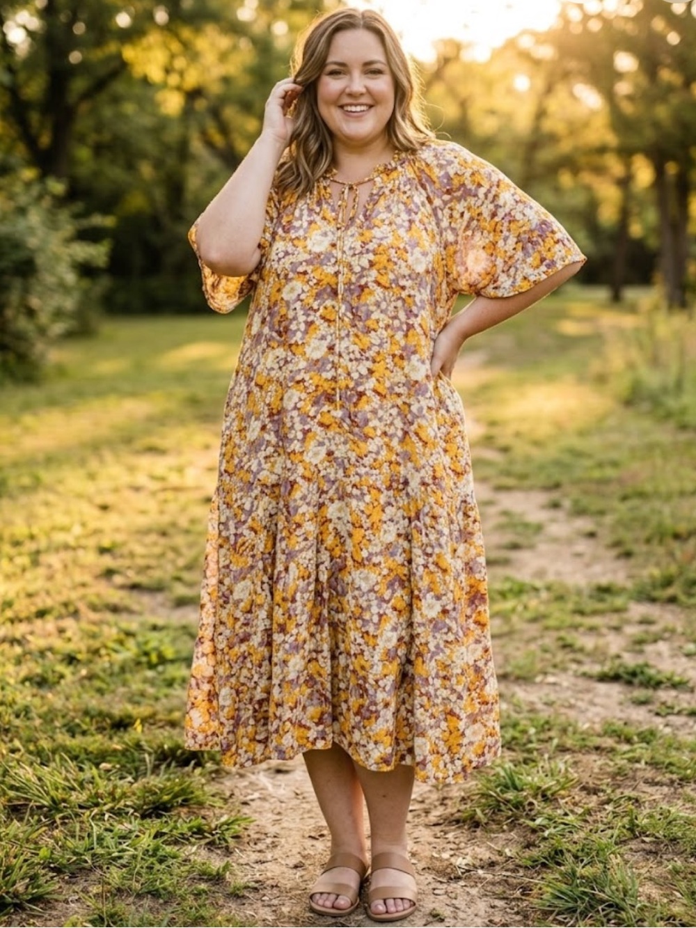 GiGiO Yellow Floral Tie-Neck Midi Dress